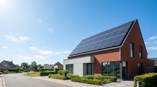 Installation de panneaux solaires photovoltaïques sur une maison résidentielle belge avec ciel ensoleillé