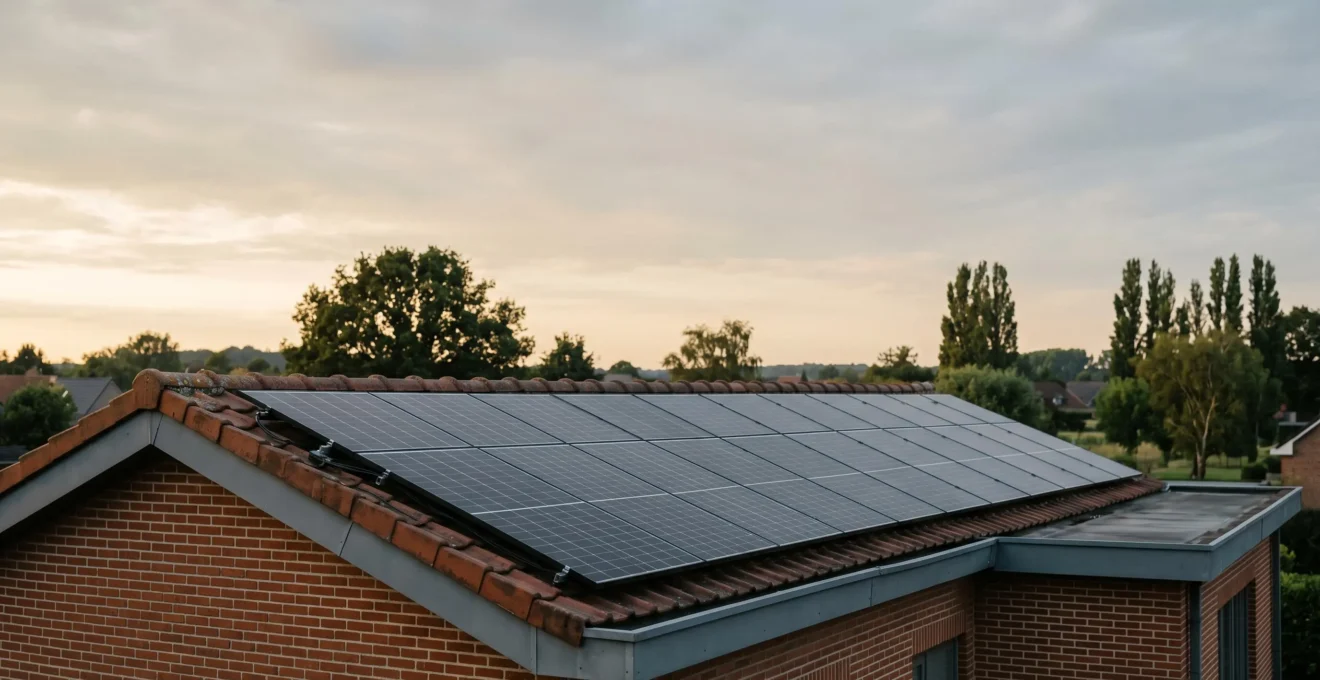 Installation photovoltaïque moderne sur toiture résidentielle belge avec onduleur et compteur intelligent