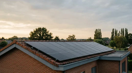 Installation photovoltaïque moderne sur toiture résidentielle belge avec onduleur et compteur intelligent