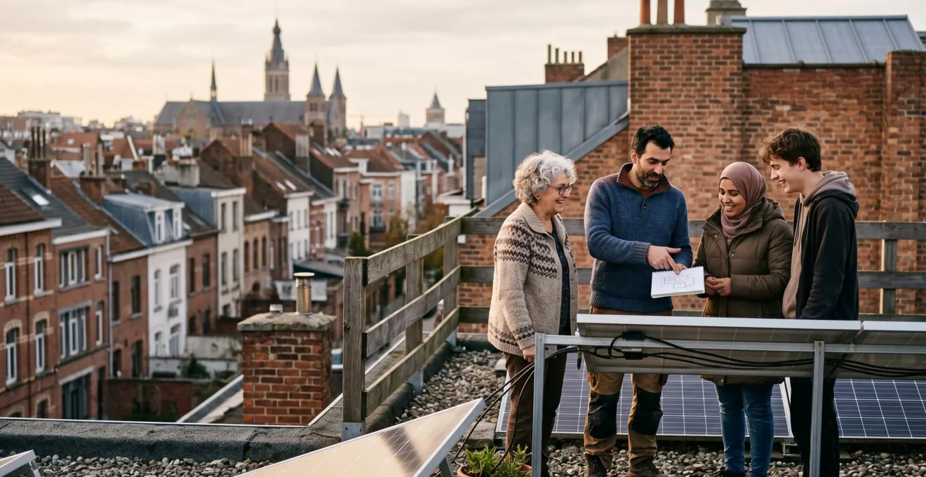 Résidents voisins d'un immeuble urbain belge coopérant autour d'une installation photovoltaïque sur toit partagé, sans texte visible
