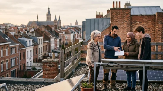 Résidents voisins d'un immeuble urbain belge coopérant autour d'une installation photovoltaïque sur toit partagé, sans texte visible
