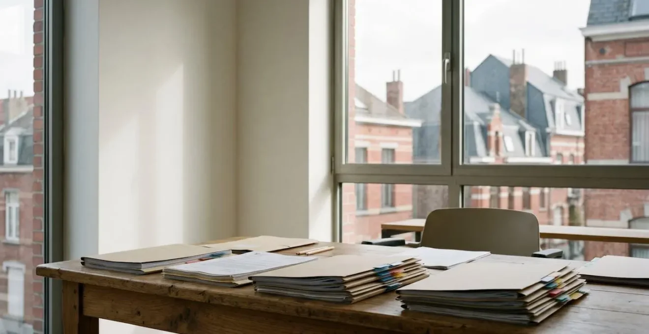 Bureau administratif belge avec dossiers et documents de primes énergétiques illustrant la complexité bureaucratique