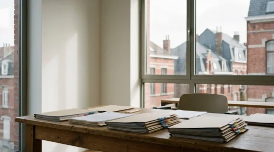 Bureau administratif belge avec dossiers et documents de primes énergétiques illustrant la complexité bureaucratique