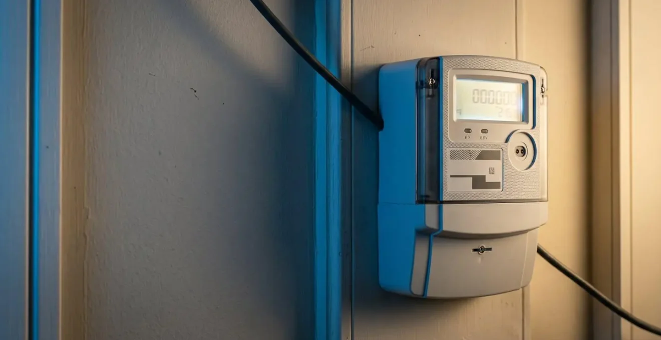 Compteur électrique intelligent moderne avec affichage numérique dans un environnement domestique belge