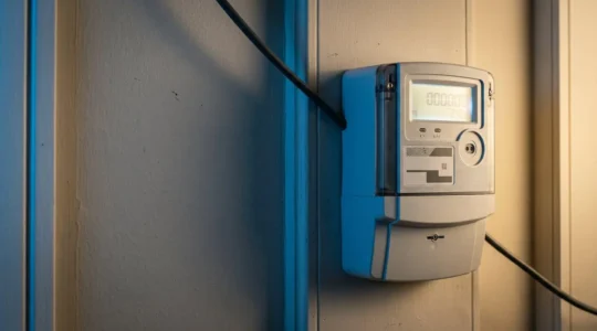 Compteur électrique intelligent moderne avec affichage numérique dans un environnement domestique belge
