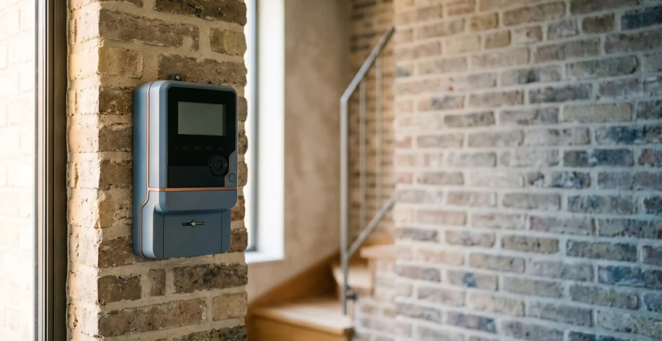 Vue symbolique d'un compteur électrique digital belge moderne avec des éléments visuels évoquant la fluctuation des prix de l'énergie
