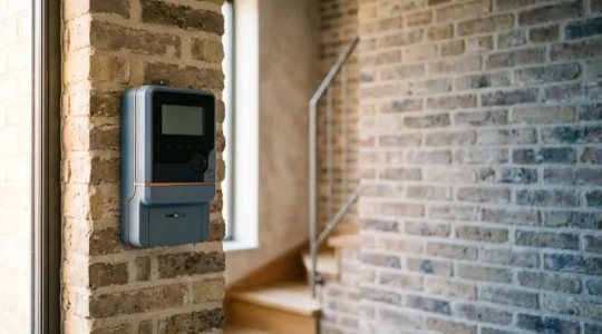 Vue symbolique d'un compteur électrique digital belge moderne avec des éléments visuels évoquant la fluctuation des prix de l'énergie