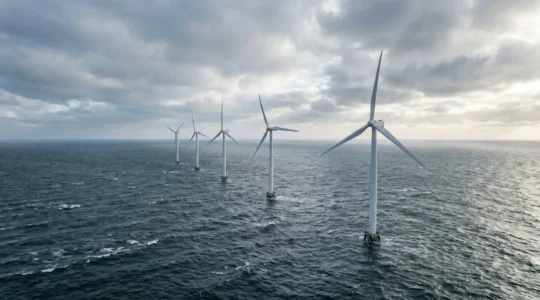 Parc éolien offshore en Mer du Nord avec plusieurs turbines modernes sous un ciel dynamique