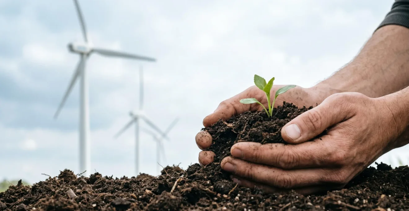 Mains tenant délicatement un plant vert émergeant d'une terre riche, avec des éoliennes floues en arrière-plan sous un ciel lumineux