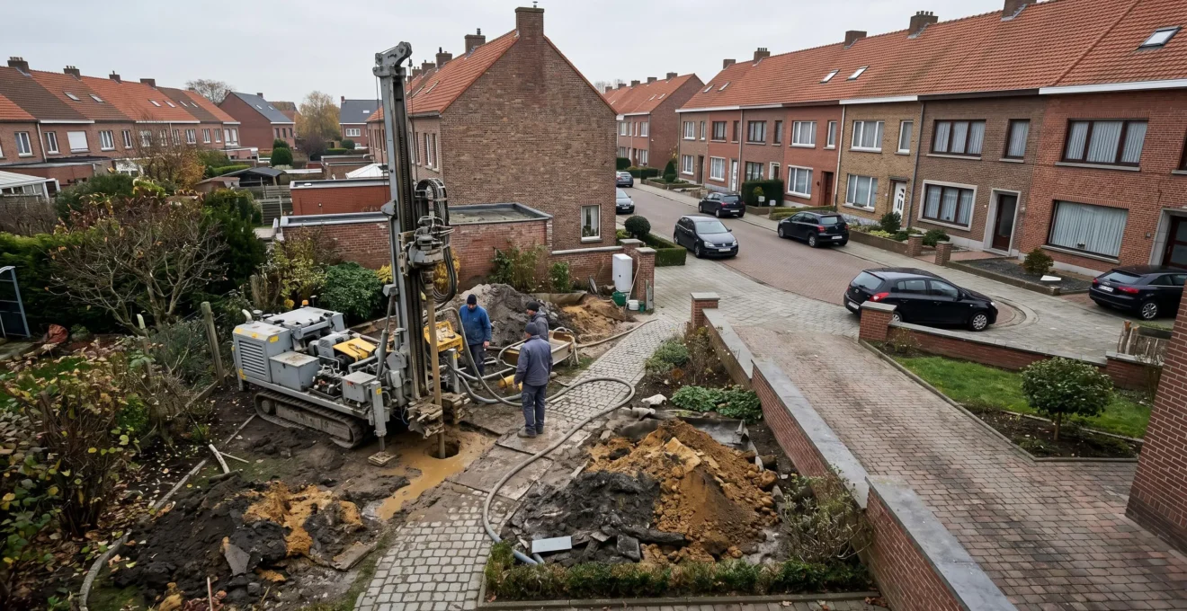 Installation de géothermie verticale dans un jardin de maison belge en rénovation, avec équipement de forage