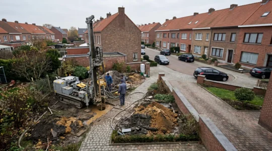 Installation de géothermie verticale dans un jardin de maison belge en rénovation, avec équipement de forage