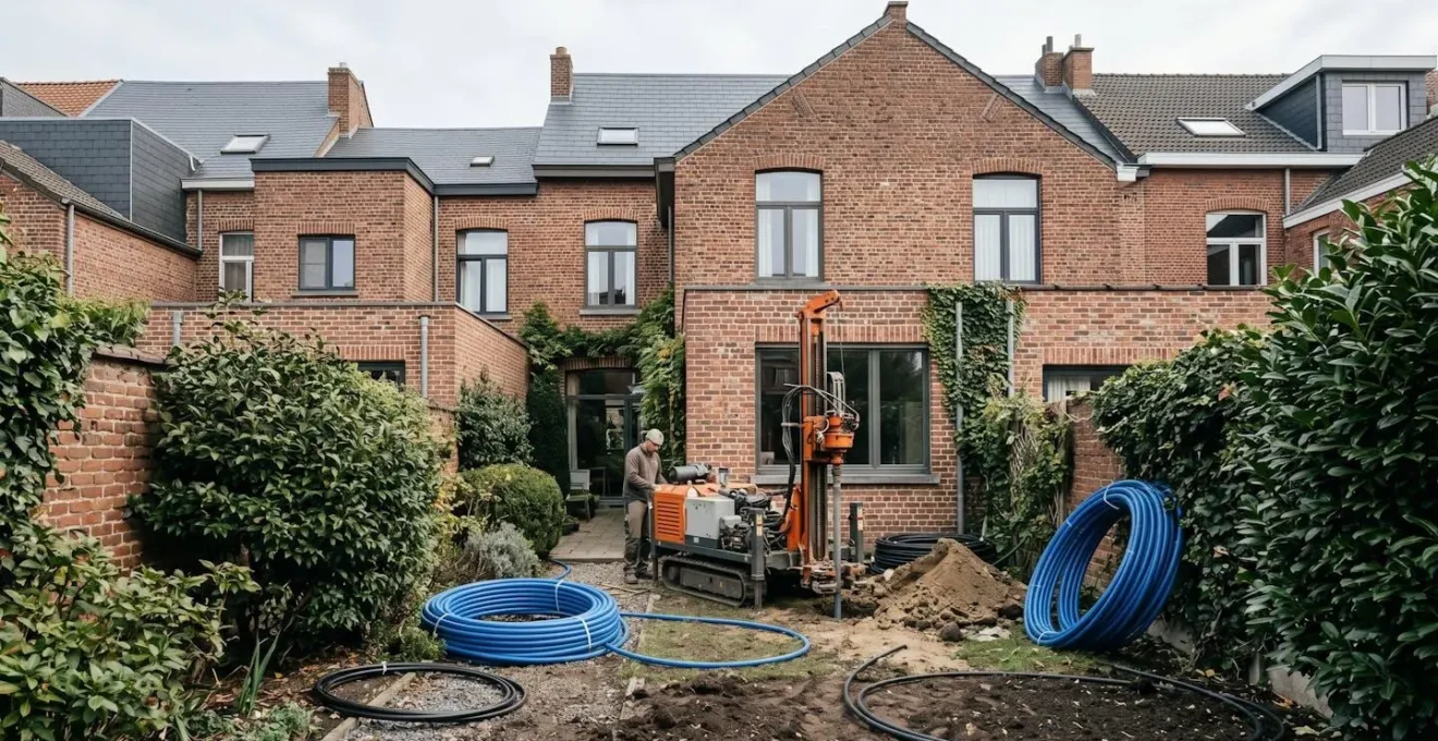 Installation géothermique en cours de rénovation dans un jardin résidentiel belge avec forage vertical