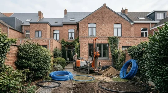 Installation géothermique en cours de rénovation dans un jardin résidentiel belge avec forage vertical