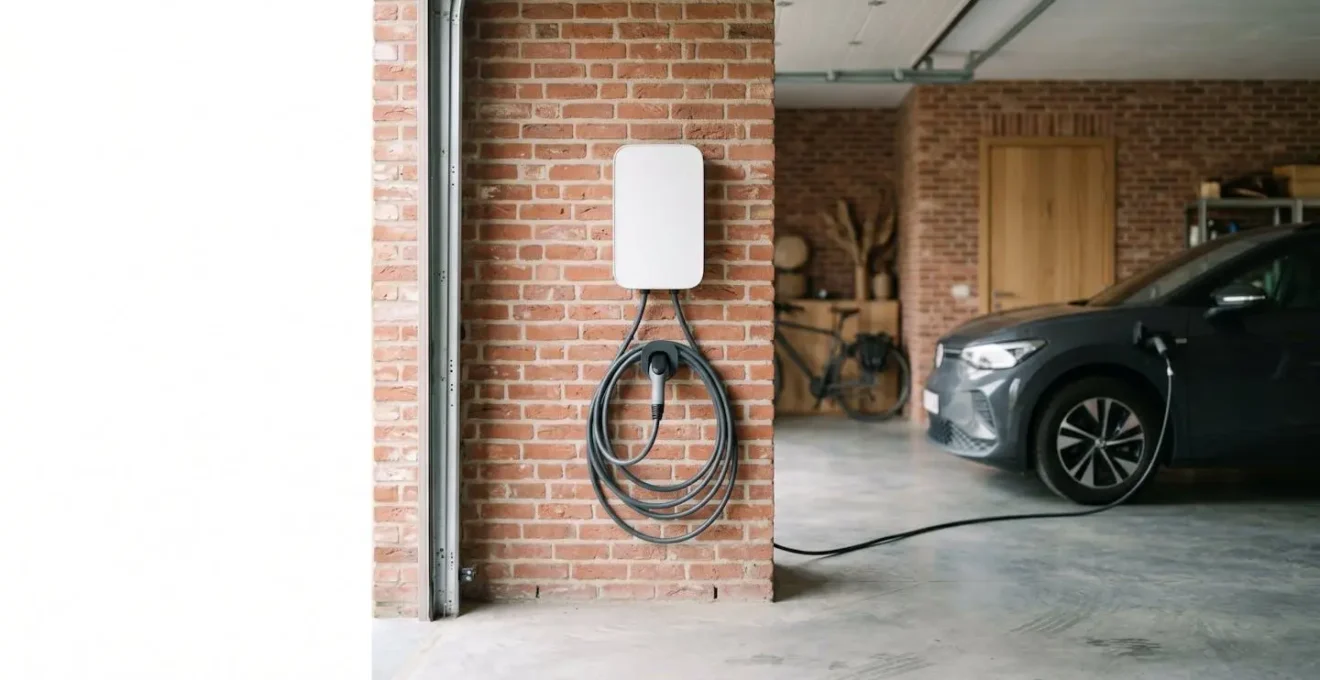 Borne de recharge murale fixée sur mur de garage belge avec câble de recharge et véhicule électrique en arrière-plan
