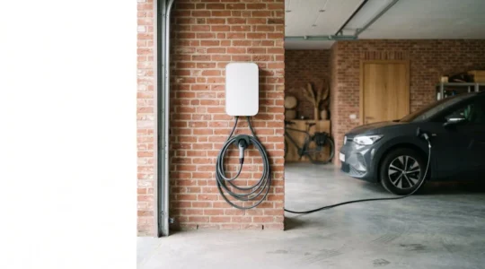 Borne de recharge murale fixée sur mur de garage belge avec câble de recharge et véhicule électrique en arrière-plan