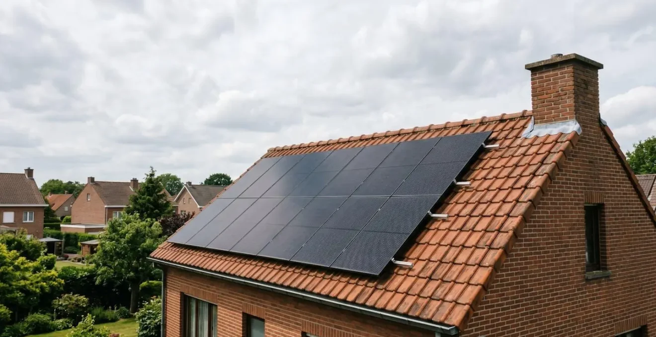 Installation de panneaux solaires photovoltaïques sur un toit de maison typique belge sous un ciel nuageux