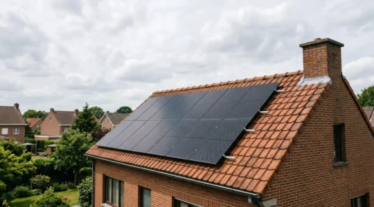 Installation de panneaux solaires photovoltaïques sur un toit de maison typique belge sous un ciel nuageux