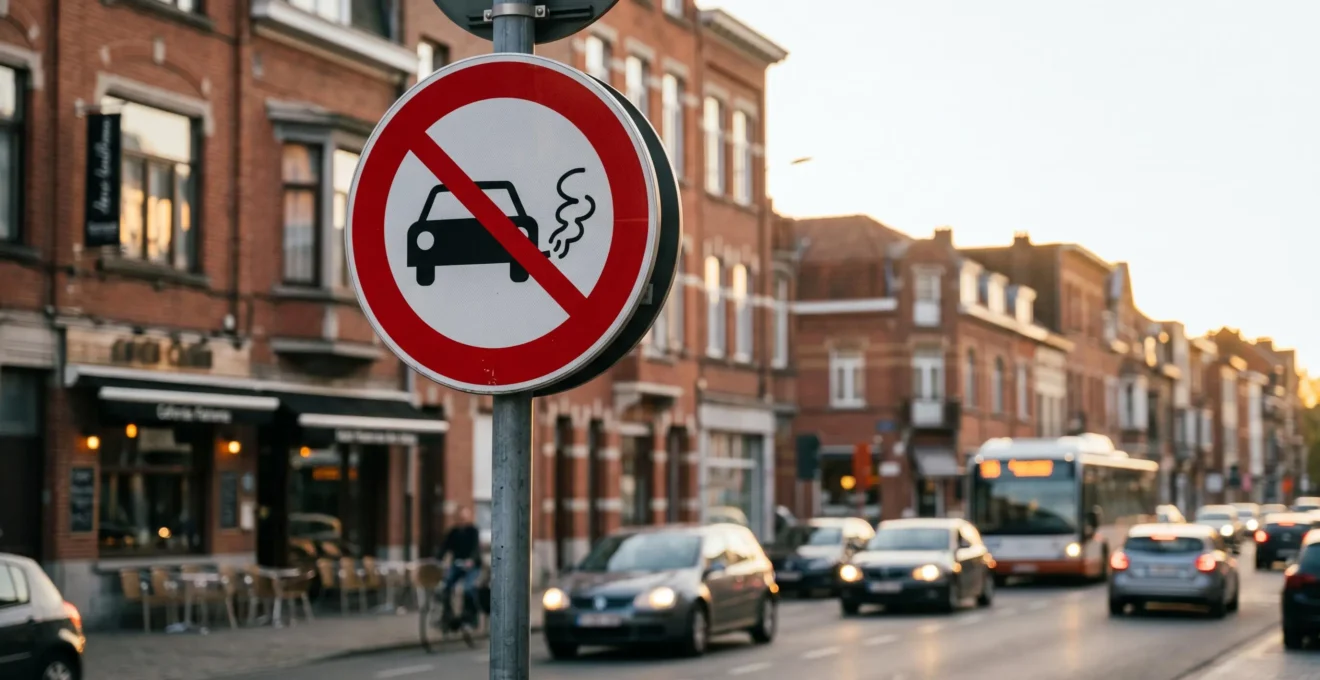 Panneau de signalisation de zone à faibles émissions devant un paysage urbain belge avec circulation automobile