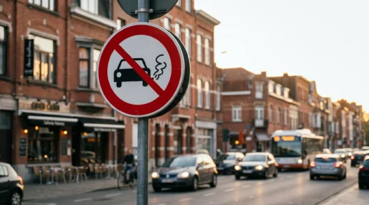 Panneau de signalisation de zone à faibles émissions devant un paysage urbain belge avec circulation automobile