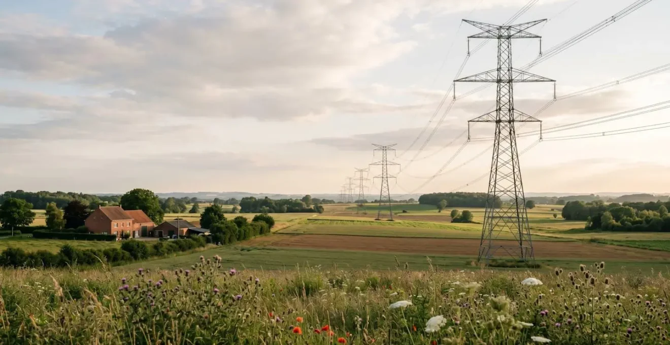 Vue d'ensemble d'une ligne haute tension traversant un paysage rural belge avec pylônes électriques