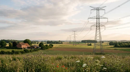 Vue d'ensemble d'une ligne haute tension traversant un paysage rural belge avec pylônes électriques