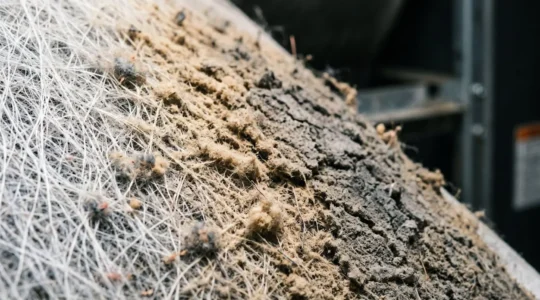 Gros plan détaillé sur un filtre VMC double flux encrassé montrant l'accumulation de poussières et particules
