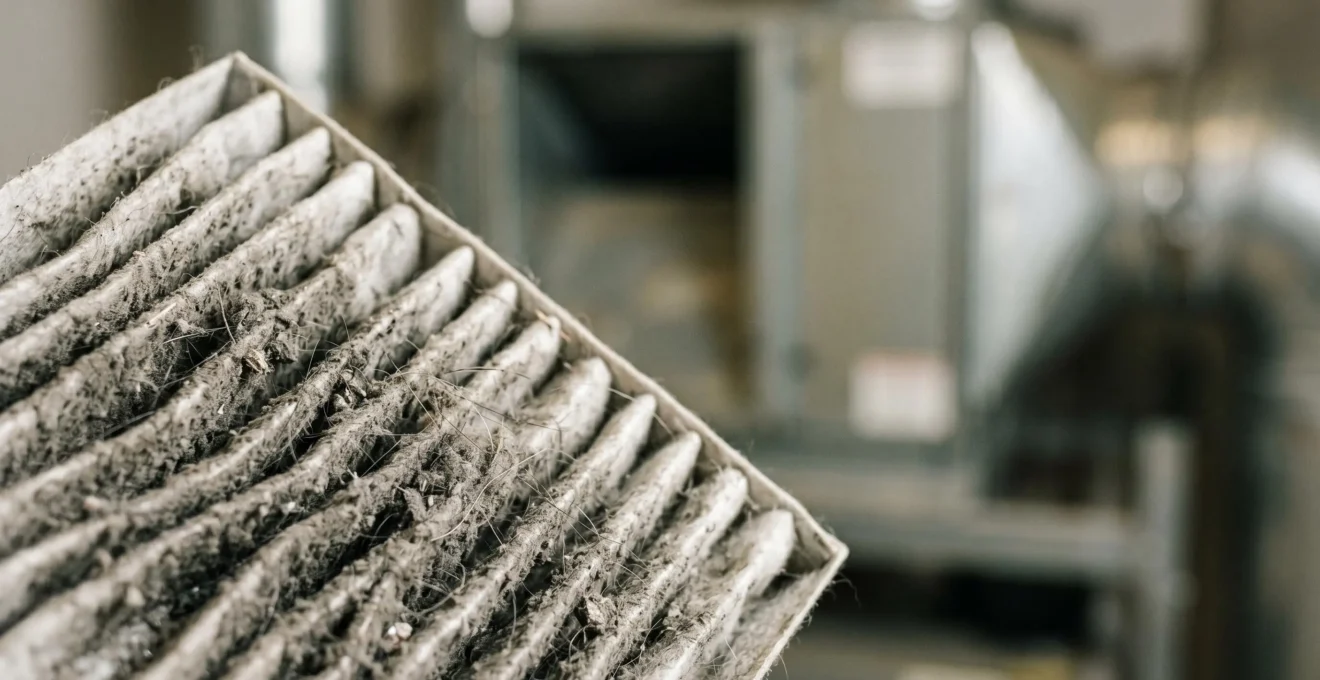 Système de ventilation VMC double flux avec filtre encrassé nécessitant un entretien, illustrant l'impact financier de la négligence de la maintenance HVAC