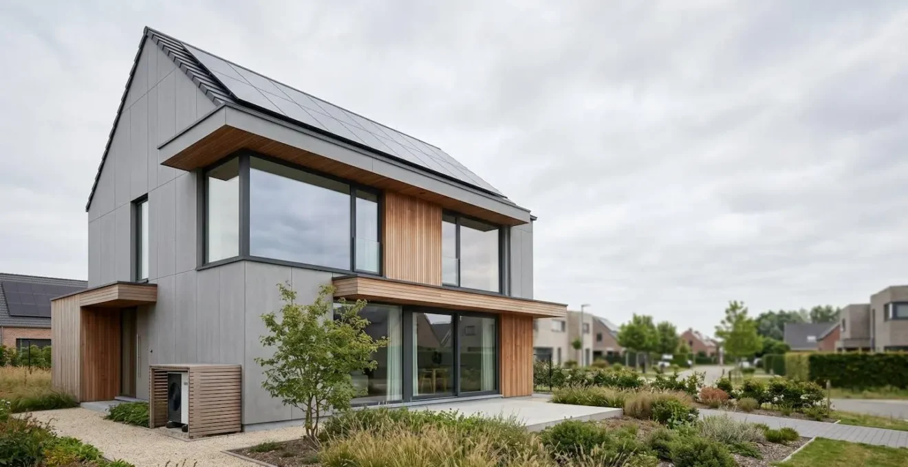 Maison contemporaine avec design énergétiquement performant illustrant la construction Q-ZEN en Belgique