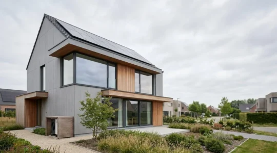 Maison contemporaine avec design énergétiquement performant illustrant la construction Q-ZEN en Belgique