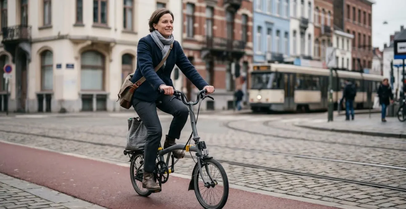 Cycliste navetteur belge sur piste cyclable urbaine avec vélo pliant