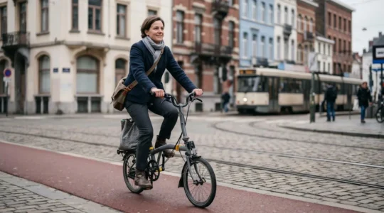 Cycliste navetteur belge sur piste cyclable urbaine avec vélo pliant