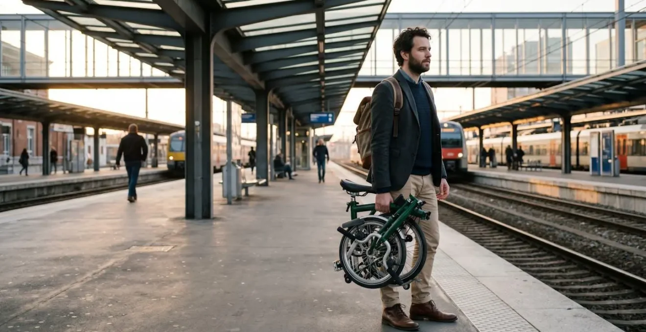Navetteur avec vélo pliant se déplaçant dans une gare urbaine belge moderne