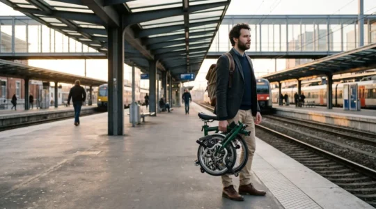 Navetteur avec vélo pliant se déplaçant dans une gare urbaine belge moderne