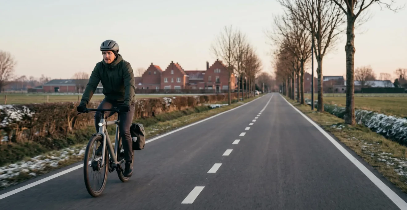 Cycliste professionnel naviguant sur une infrastructure cyclable moderne en Belgique durant les heures de pointe