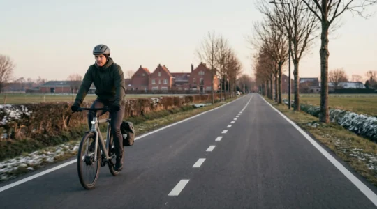 Cycliste professionnel naviguant sur une infrastructure cyclable moderne en Belgique durant les heures de pointe