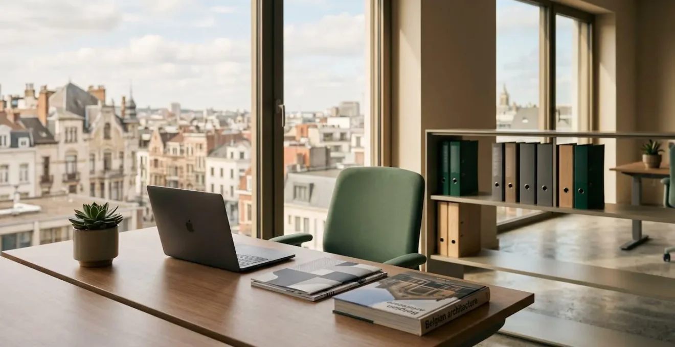 Intérieur moderne d'un bureau administratif bruxellois avec des documents et un ordinateur portable fermé évoquant la transition numérique des services publics