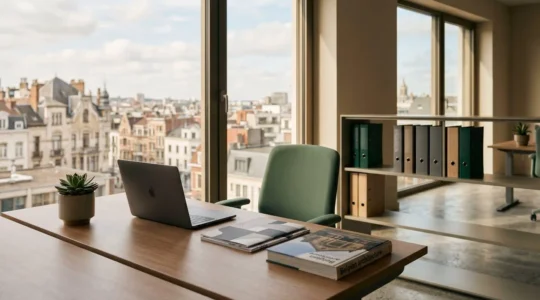 Intérieur moderne d'un bureau administratif bruxellois avec des documents et un ordinateur portable fermé évoquant la transition numérique des services publics
