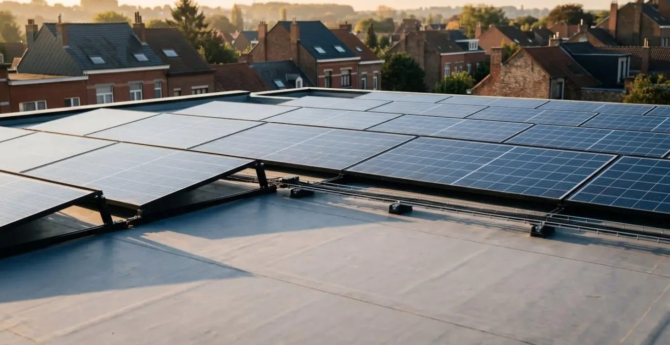 Installation photovoltaïque sur toit de maison avec appareils électroménagers en fonctionnement pendant la journée illustrant l'autoconsommation solaire