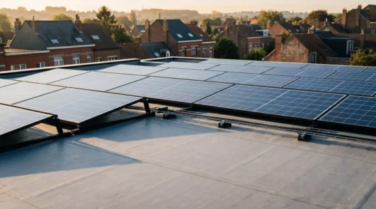 Installation photovoltaïque sur toit de maison avec appareils électroménagers en fonctionnement pendant la journée illustrant l'autoconsommation solaire