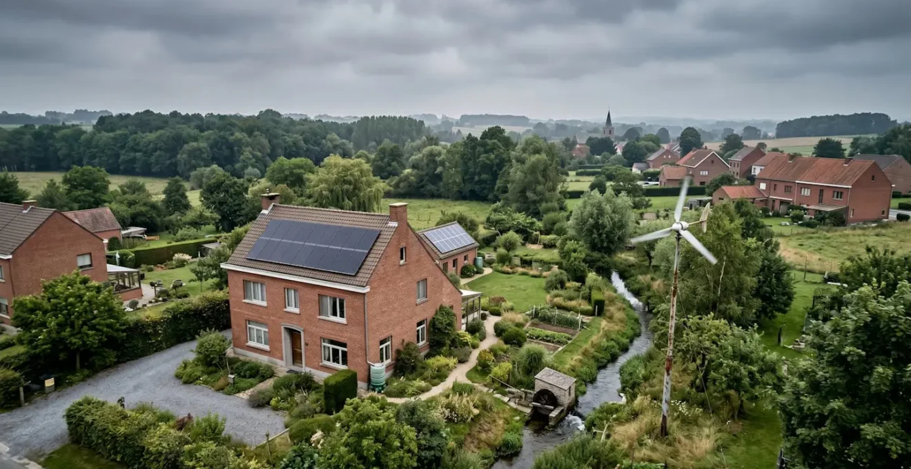 Installation domestique d'énergie renouvelable avec petite éolienne et système hydraulique dans un jardin belge