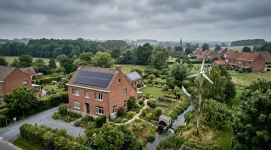Installation domestique d'énergie renouvelable avec petite éolienne et système hydraulique dans un jardin belge