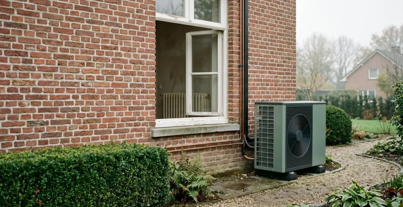 Installation d'une pompe à chaleur moderne connectée à des radiateurs traditionnels en fonte dans une maison belge en rénovation
