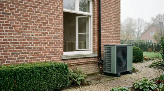 Installation d'une pompe à chaleur moderne connectée à des radiateurs traditionnels en fonte dans une maison belge en rénovation