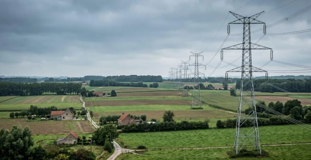 Pylônes électriques à haute tension traversant un paysage rural verdoyant sous un ciel nuageux