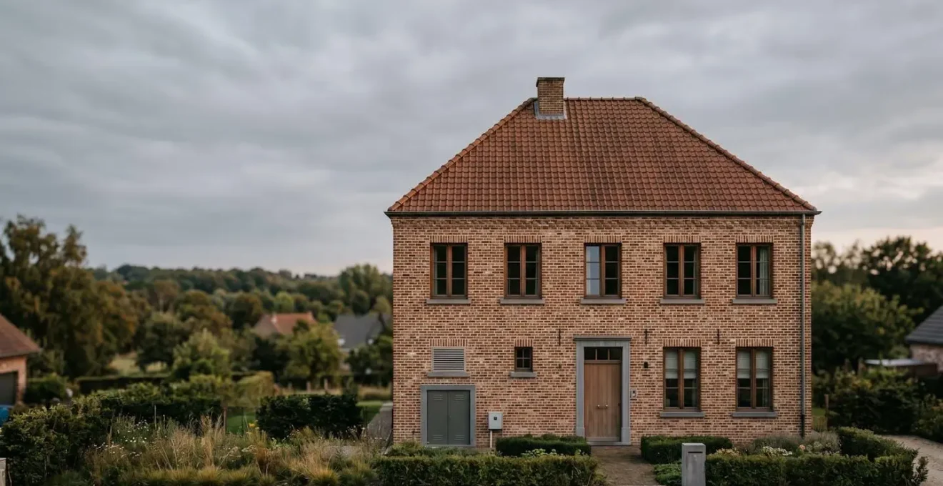 Vue d'ensemble d'une maison belge typique avec infrastructure énergétique en transition