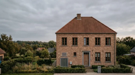 Vue d'ensemble d'une maison belge typique avec infrastructure énergétique en transition