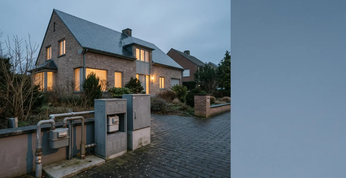 Maison belge moderne avec équipements de chauffage dans un environnement de transition énergétique