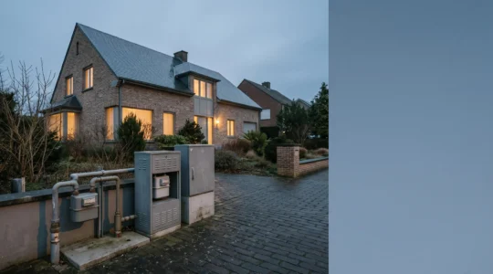 Maison belge moderne avec équipements de chauffage dans un environnement de transition énergétique