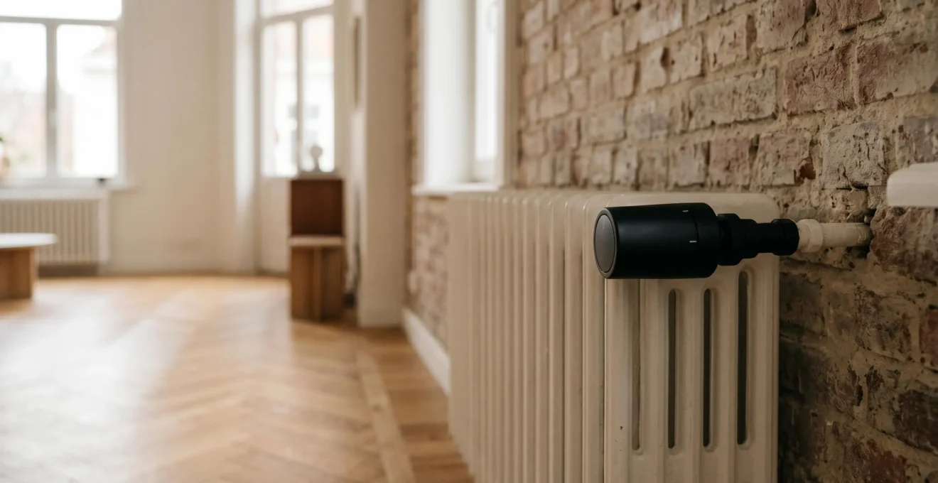 Radiateur traditionnel en fonte équipé d'une vanne thermostatique intelligente dans un intérieur belge contemporain