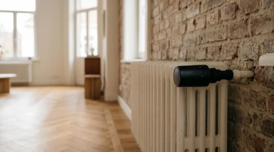 Radiateur traditionnel en fonte équipé d'une vanne thermostatique intelligente dans un intérieur belge contemporain